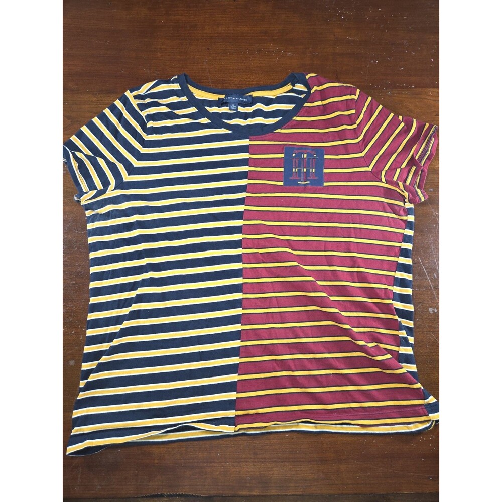 Tommy Hilfiger T-Shirt Women's XL Striped Color Block TH Monogram Logo Patch